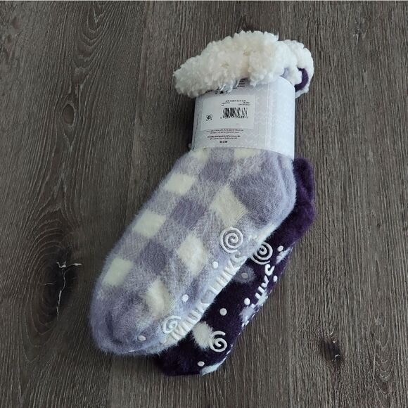 Muk Luk Womens Cabin Socks 2 Pair Purple Polka Dot & Purple/White Plaid S/M 5-7 - Picture 2 of 4